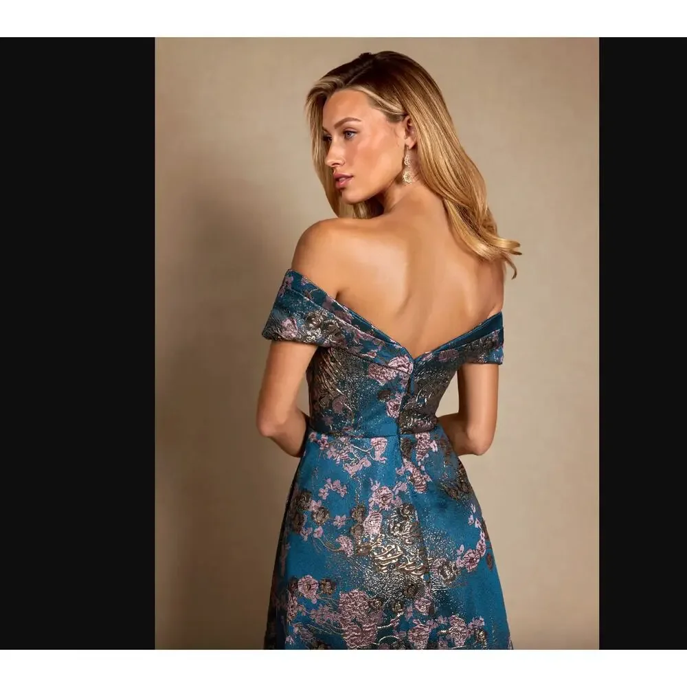 NWT Azazie Marceline Teal Floral A-Line Dress Formal Bridesmaid Black Tie Gown - Picture 2 of 8